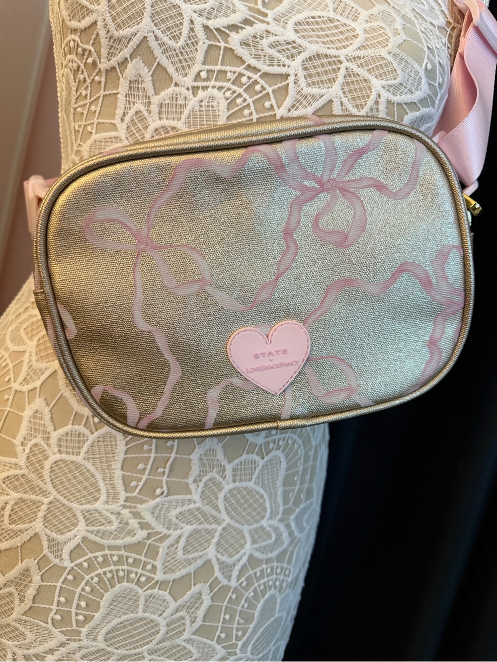 STATE Metallic Gold Crossbody Bag with Pink Heart and Accents
